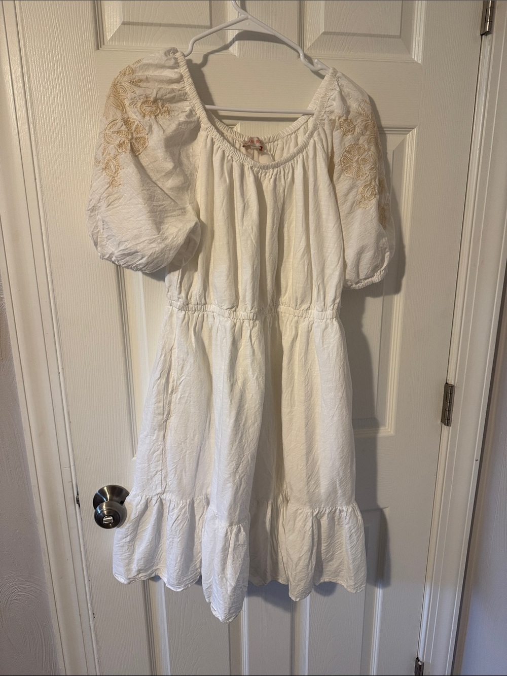 White Embroidered Puff-Sleeve women’s Dress